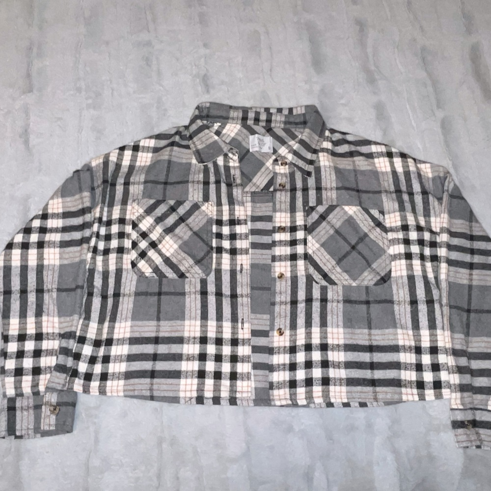 Mila & Tiff (Plaid Collection) Cropped Button-Up Mute Plaid Fall shirt/jacket